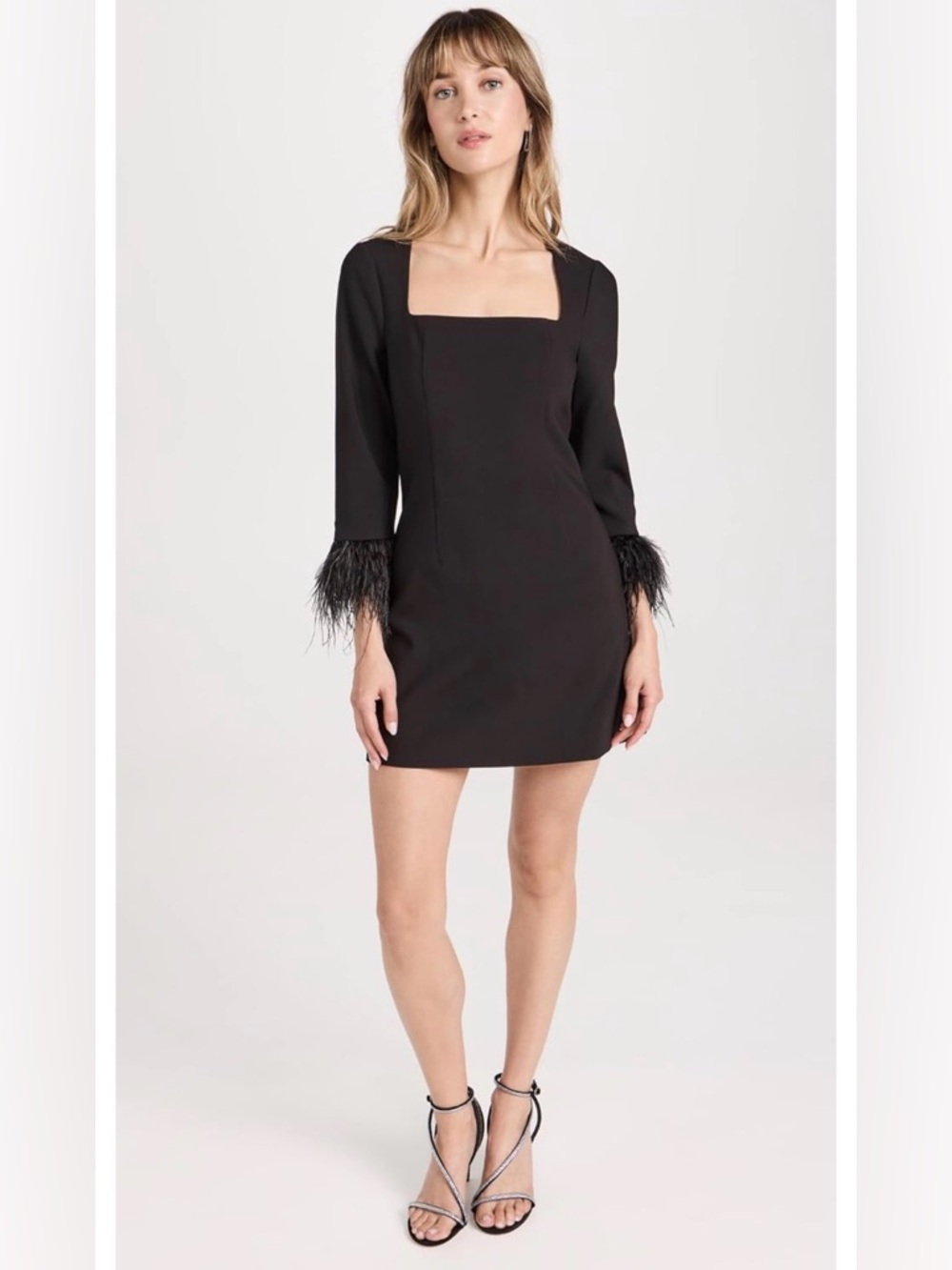 Likely Black Square-Neck Dress with Feather Trim Cuffs